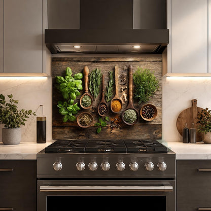 Herbs and Spices Tempered Glass Kitchen Backsplash for Stove - Kitchen Wall Tile Alternative