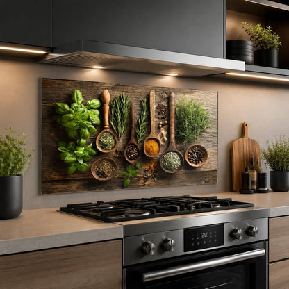 Herbs and Spices Tempered Glass Kitchen Backsplash for Stove - Kitchen Wall Tile Alternative