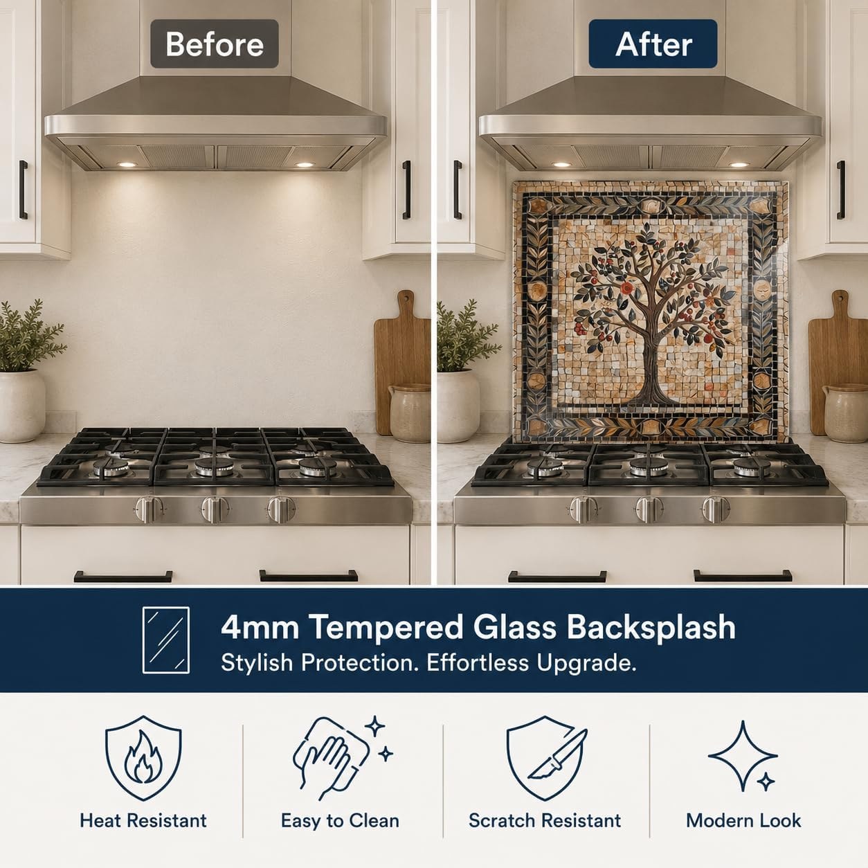 Tree of Life Mosaic Tempered Glass Kitchen Backsplash for Stove - Kitchen Wall Tile Alternative