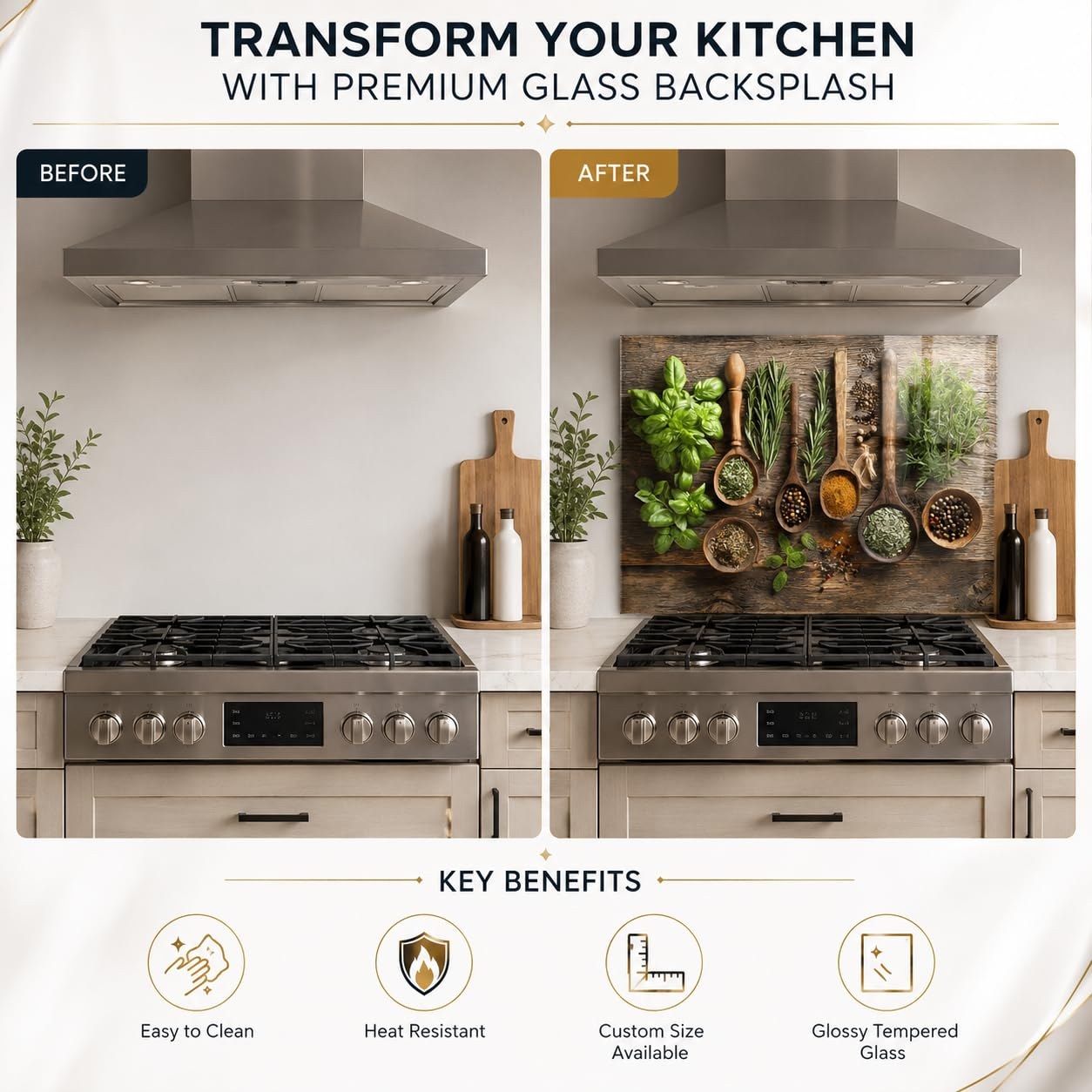Herbs and Spices Tempered Glass Kitchen Backsplash for Stove - Kitchen Wall Tile Alternative