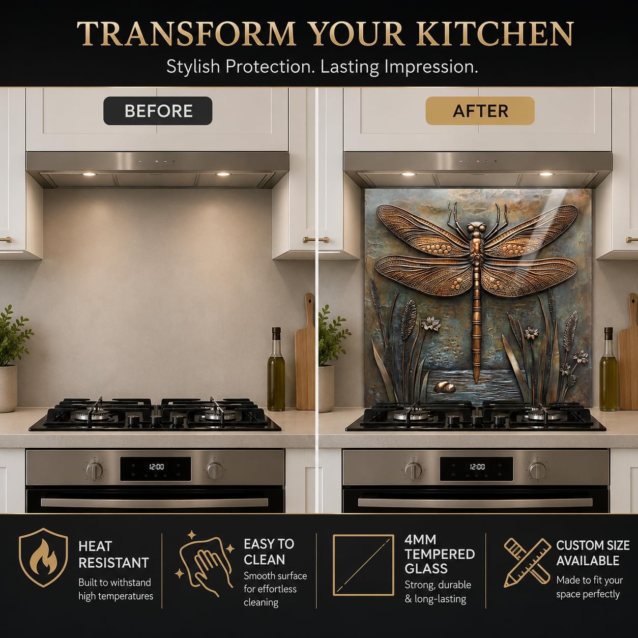 Dragonfly Metal Art Tempered Glass Kitchen Backsplash for Stove - Kitchen Wall Tile Alternative