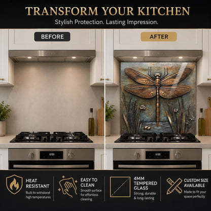 Dragonfly Metal Art Tempered Glass Kitchen Backsplash for Stove - Kitchen Wall Tile Alternative
