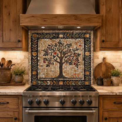 Tree of Life Mosaic Tempered Glass Kitchen Backsplash for Stove - Kitchen Wall Tile Alternative
