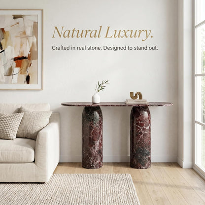Marble side table in a modern living room with 'Natural Luxury' text.