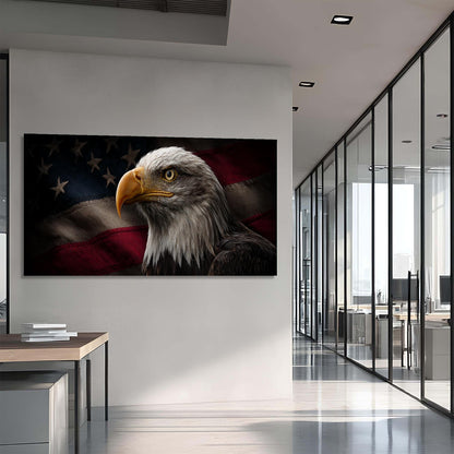 Large painting of an eagle on a wall in a modern office setting