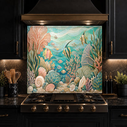 Blue ocean glass backsplash protecting kitchen walls from grease and heat