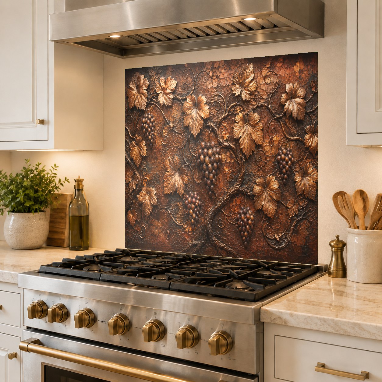 Seamless tempered glass kitchen backsplash with bronze vineyard pattern