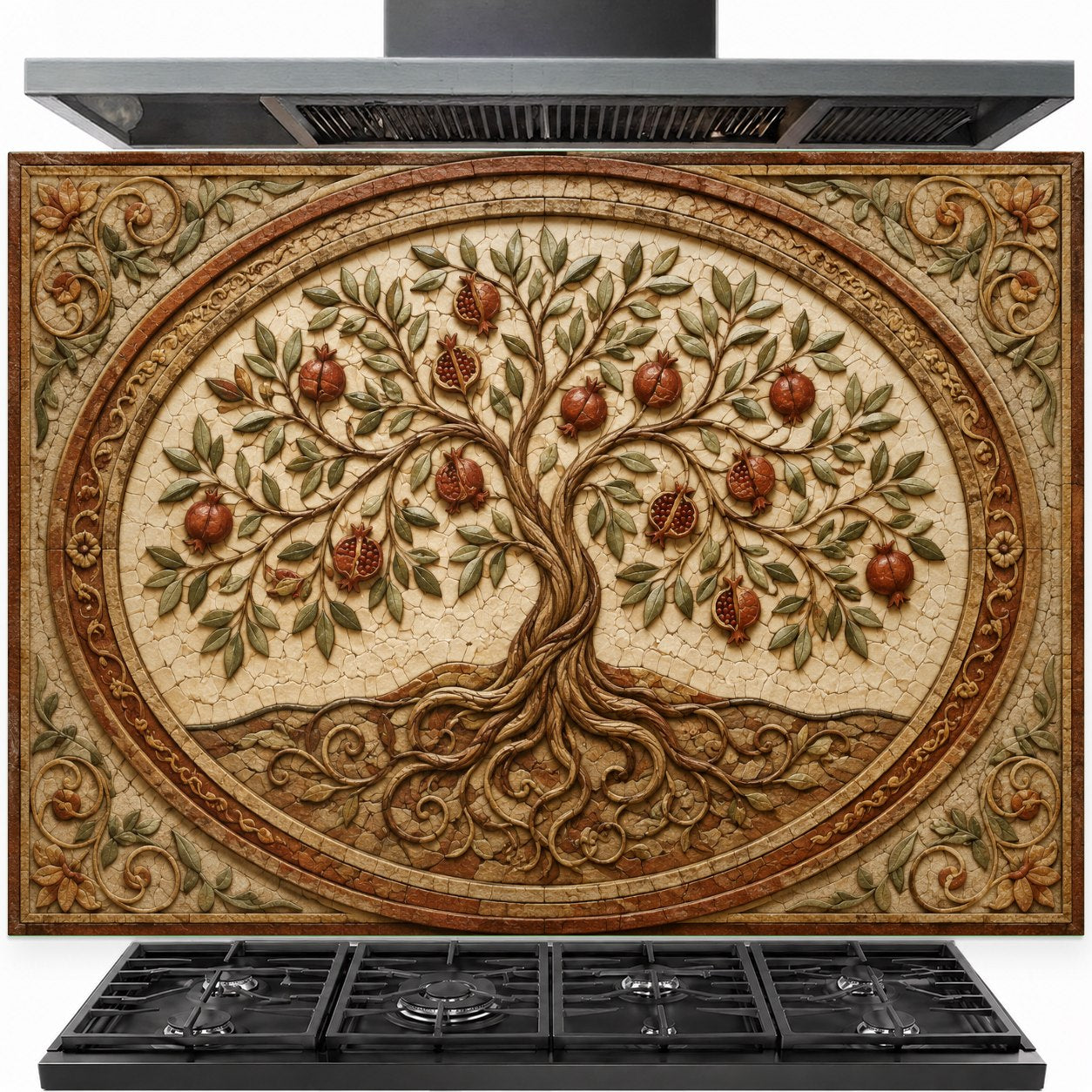 Pomegranate Crest tempered glass backsplash installed behind a modern gas stove in a luxury kitchen.