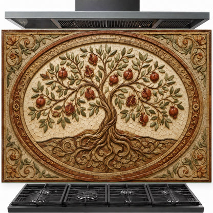 Pomegranate Crest tempered glass backsplash installed behind a modern gas stove in a luxury kitchen.