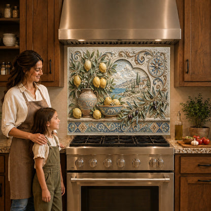 Mediterranean fruit glass backsplash panel installed over gas cooktop