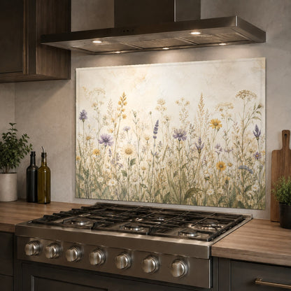Colorful botanical glass backsplash behind a white porcelain kitchen sink with a matte black faucet.