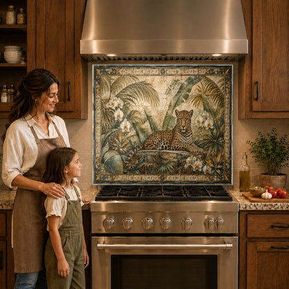 Safari animal print glass backsplash panel mounted over a kitchen cooktop