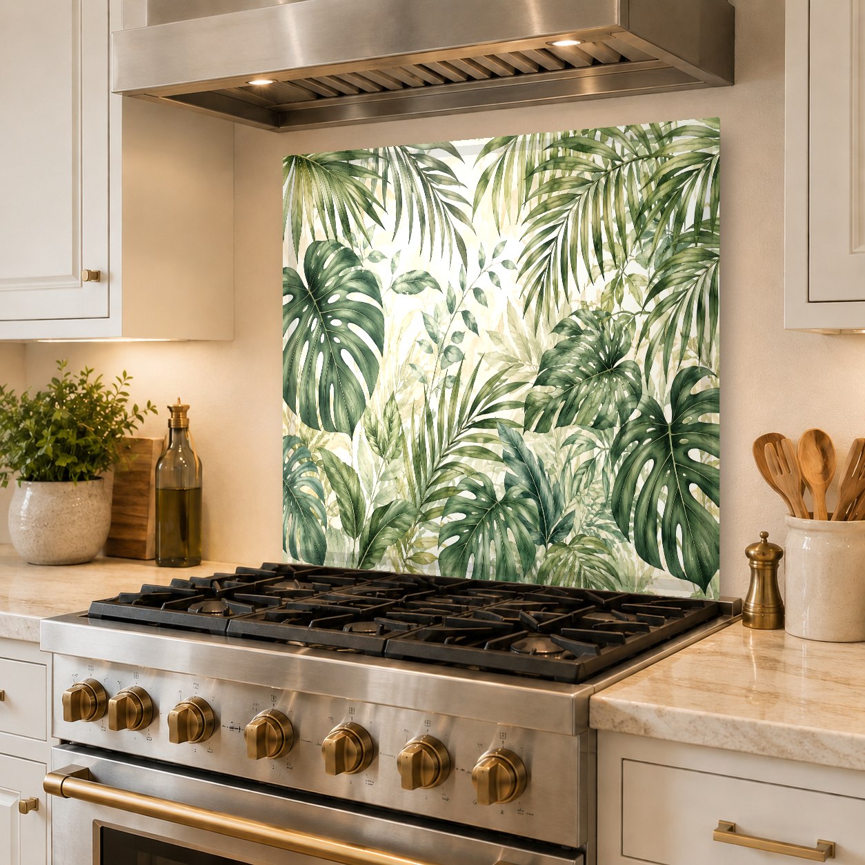 Sleek and durable Tropical Canopy kitchen glass backsplash panel mounted over a tiled wall behind the stove.