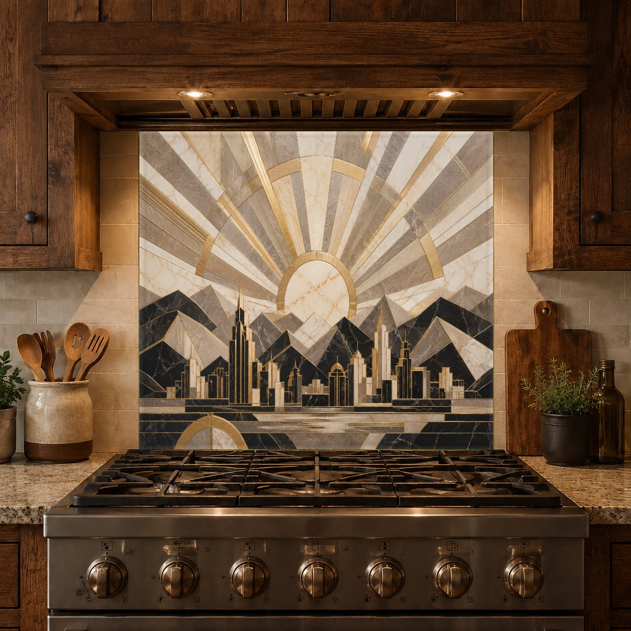 Elegant home bar area featuring the Deco Horizon tempered glass backsplash behind a black marble countertop.