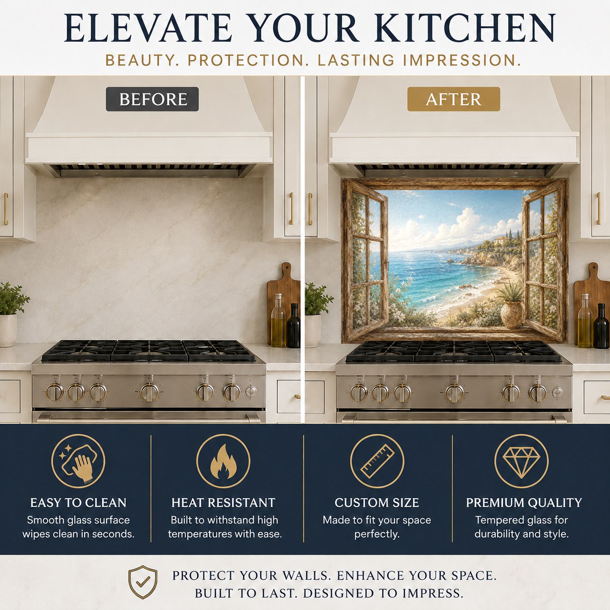Coastal landscape glass backsplash panel in modern kitchen