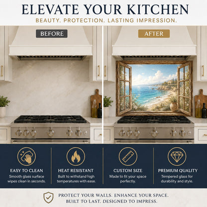 Coastal landscape glass backsplash panel in modern kitchen