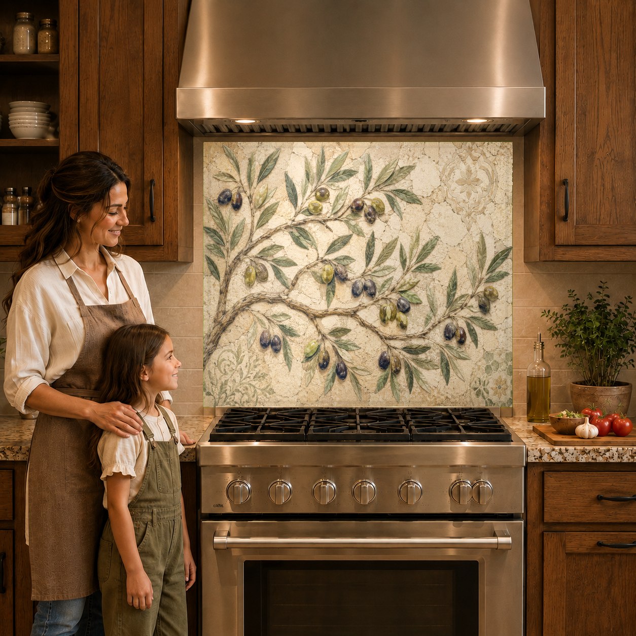 Mediterranean olive branch glass kitchen backsplash panel mounted over a cooktop