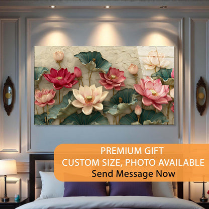 Framed floral artwork on a wall above a bed with promotional text overlay.