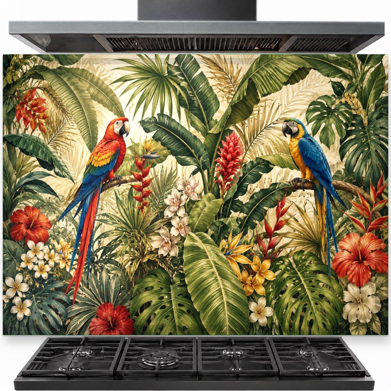 Tropical parrots tempered glass backsplash installed behind a stainless steel stove