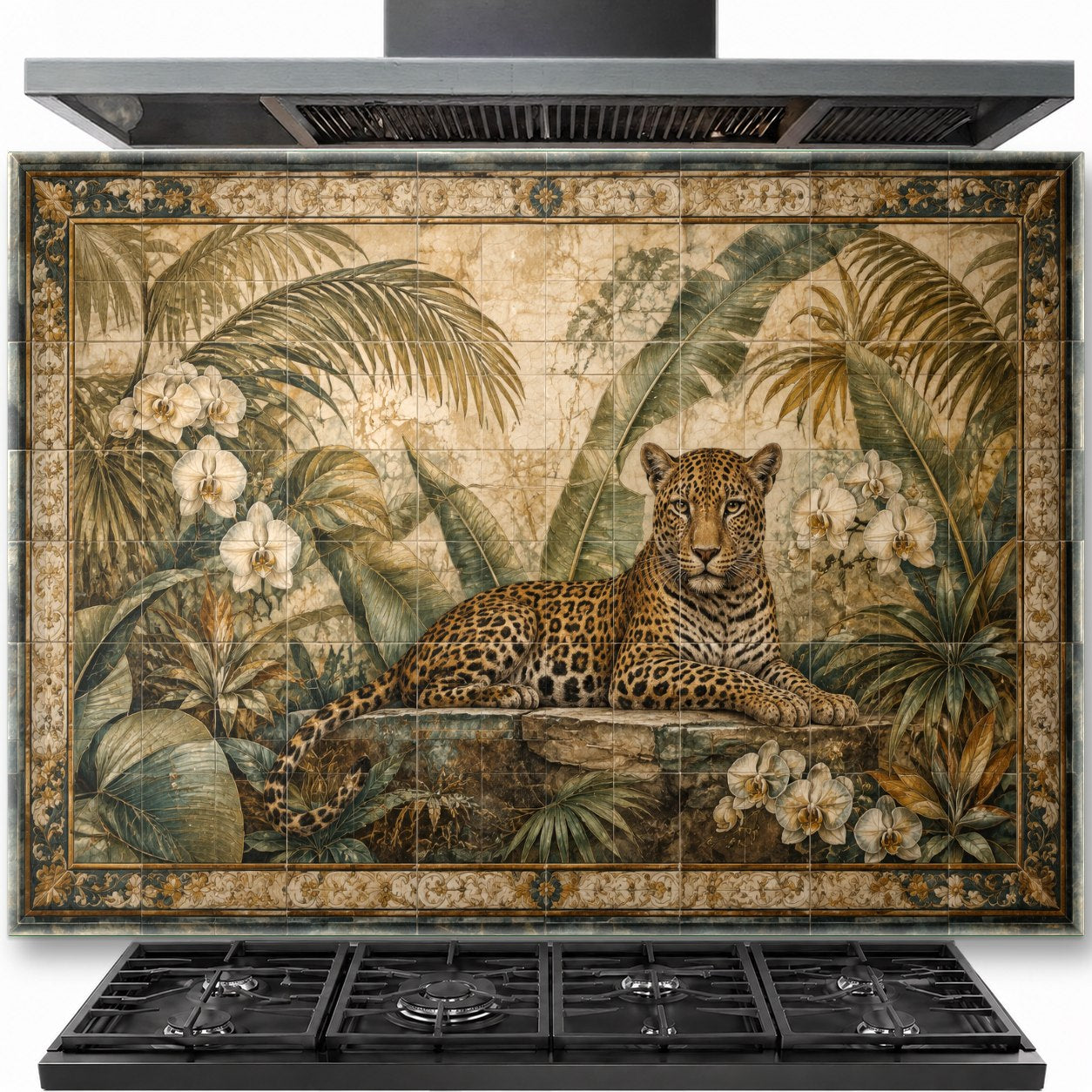Wild leopard tempered glass backsplash installed behind a gas stove