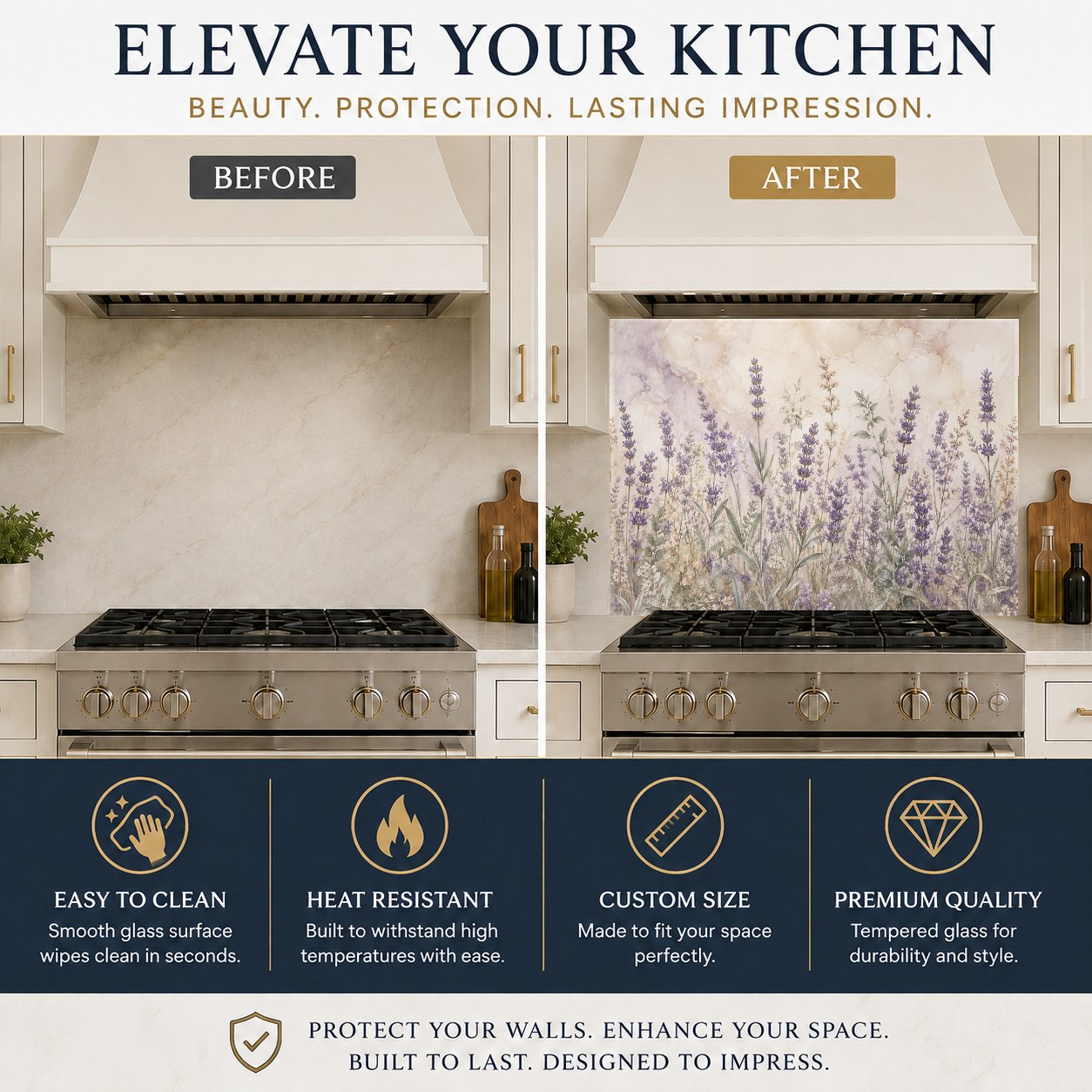 Hygienic and easy-to-clean lavender floral glass backsplash protecting the wall behind a kitchen sink.