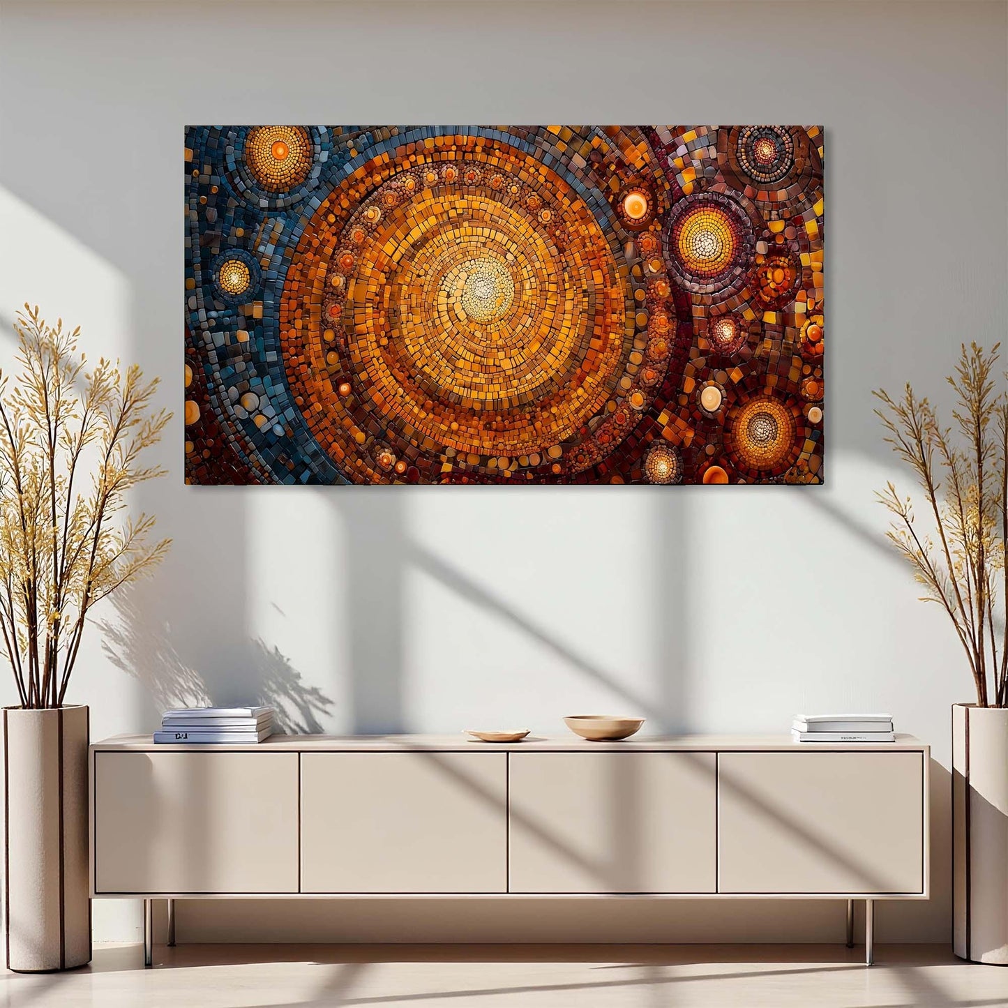 Abstract circular artwork on a wall above a light-colored console table with decorative items.