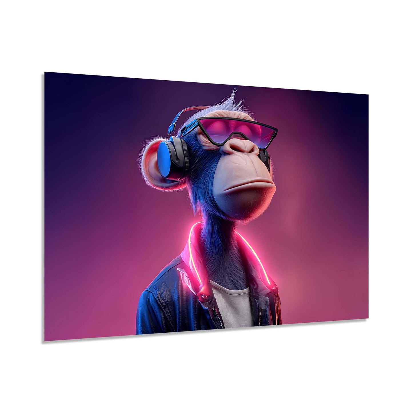 Animated monkey character with sunglasses and neon lights on a purple background