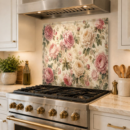 Custom size vintage roses tempered glass backsplash panel mounted above a professional range.