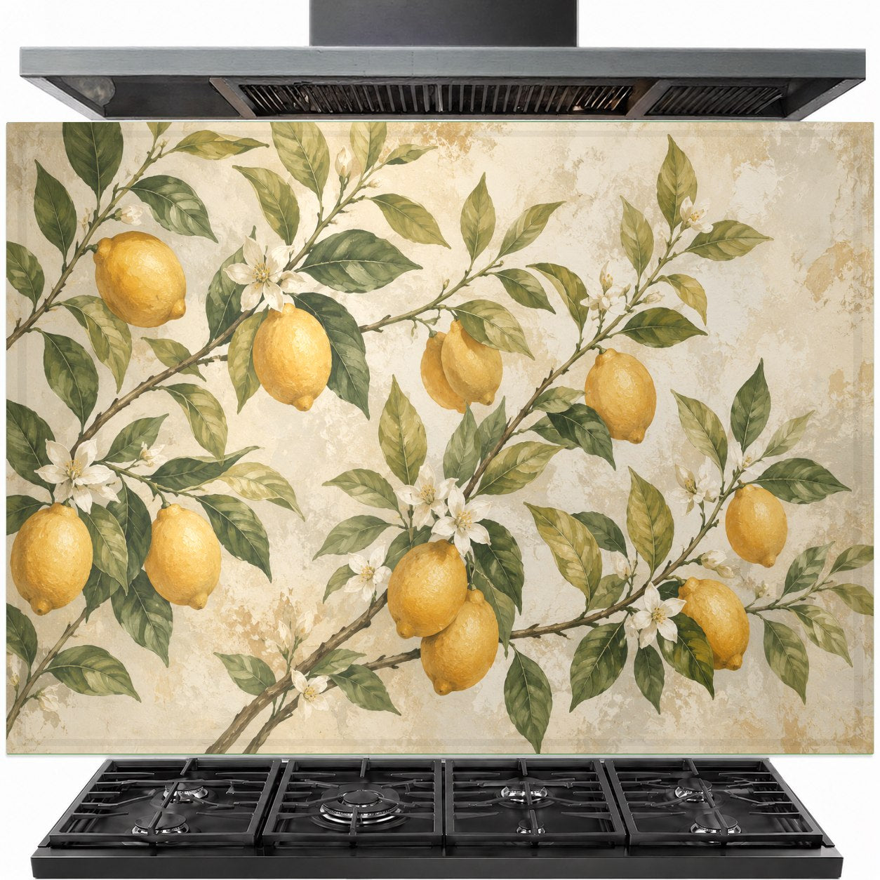 Vibrant Lemon Grove glass backsplash panel installed behind a modern gas stove in a bright white kitchen.