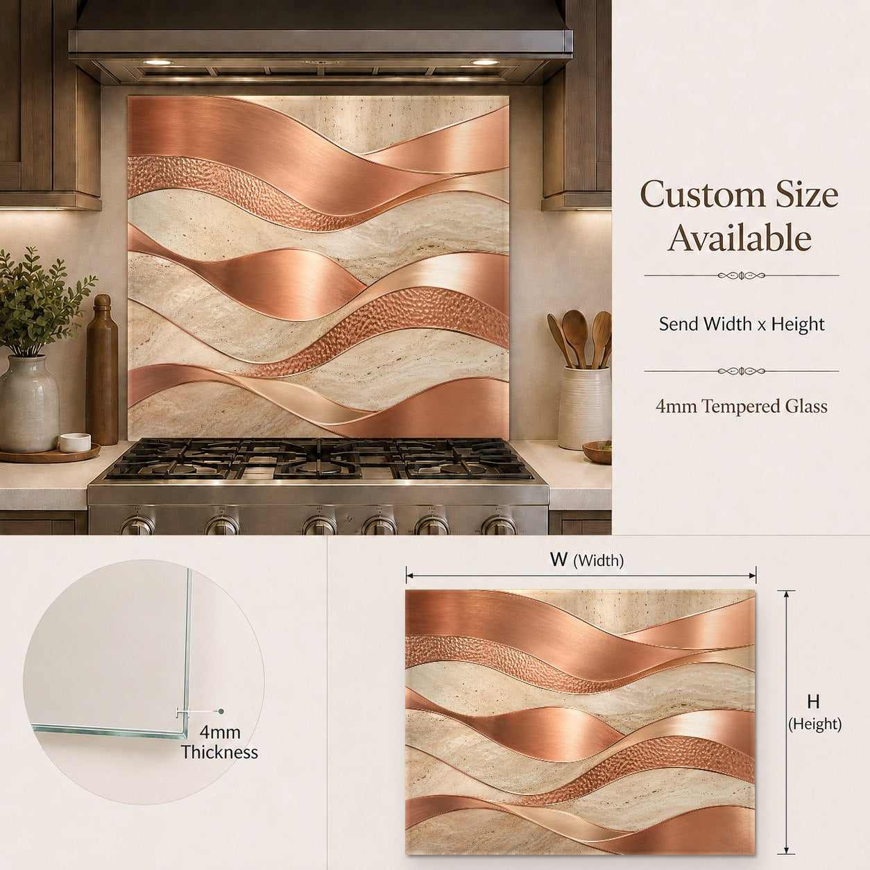 Metallic copper glass backsplash panel installed in a contemporary home bar area