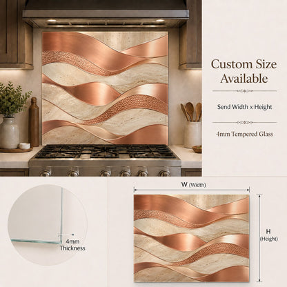 Metallic copper glass backsplash panel installed in a contemporary home bar area