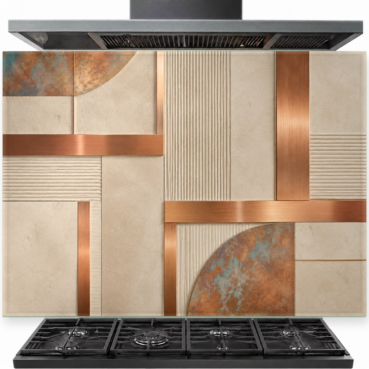 Copper art tempered glass backsplash installed behind a modern gas stove in a contemporary kitchen.