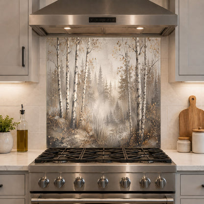 Side view of Birch Mist glass backsplash panel installed behind a stainless steel range