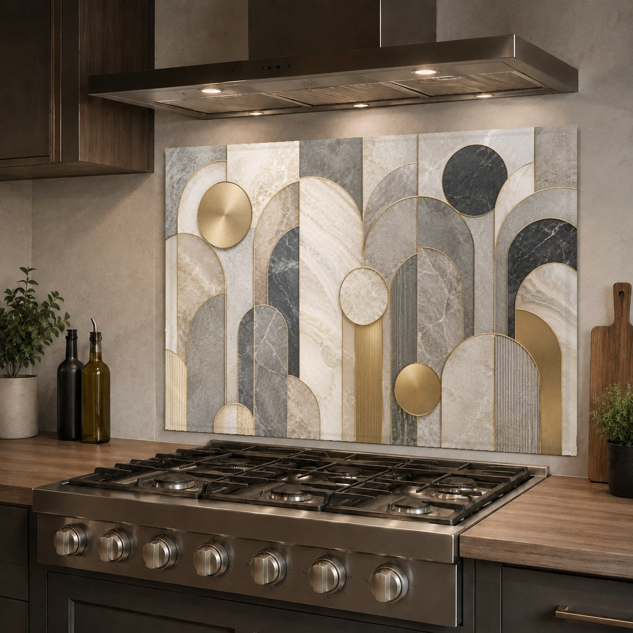 Geometric marble arch glass backsplash panel behind a kitchen sink