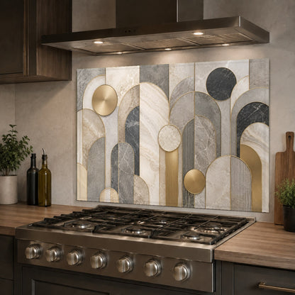 Geometric marble arch glass backsplash panel behind a kitchen sink