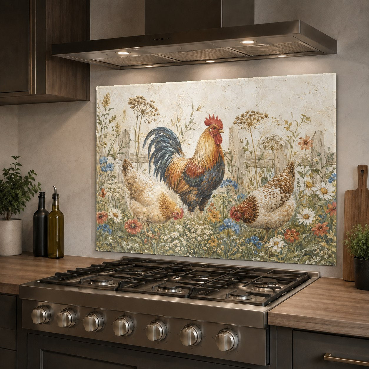 Rustic rooster glass backsplash panel adding a charming country touch to a kitchen island cooking area.