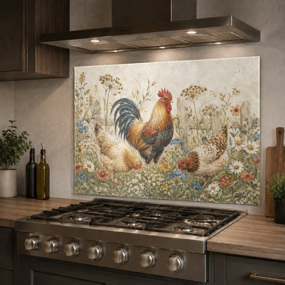 Rustic rooster glass backsplash panel adding a charming country touch to a kitchen island cooking area.