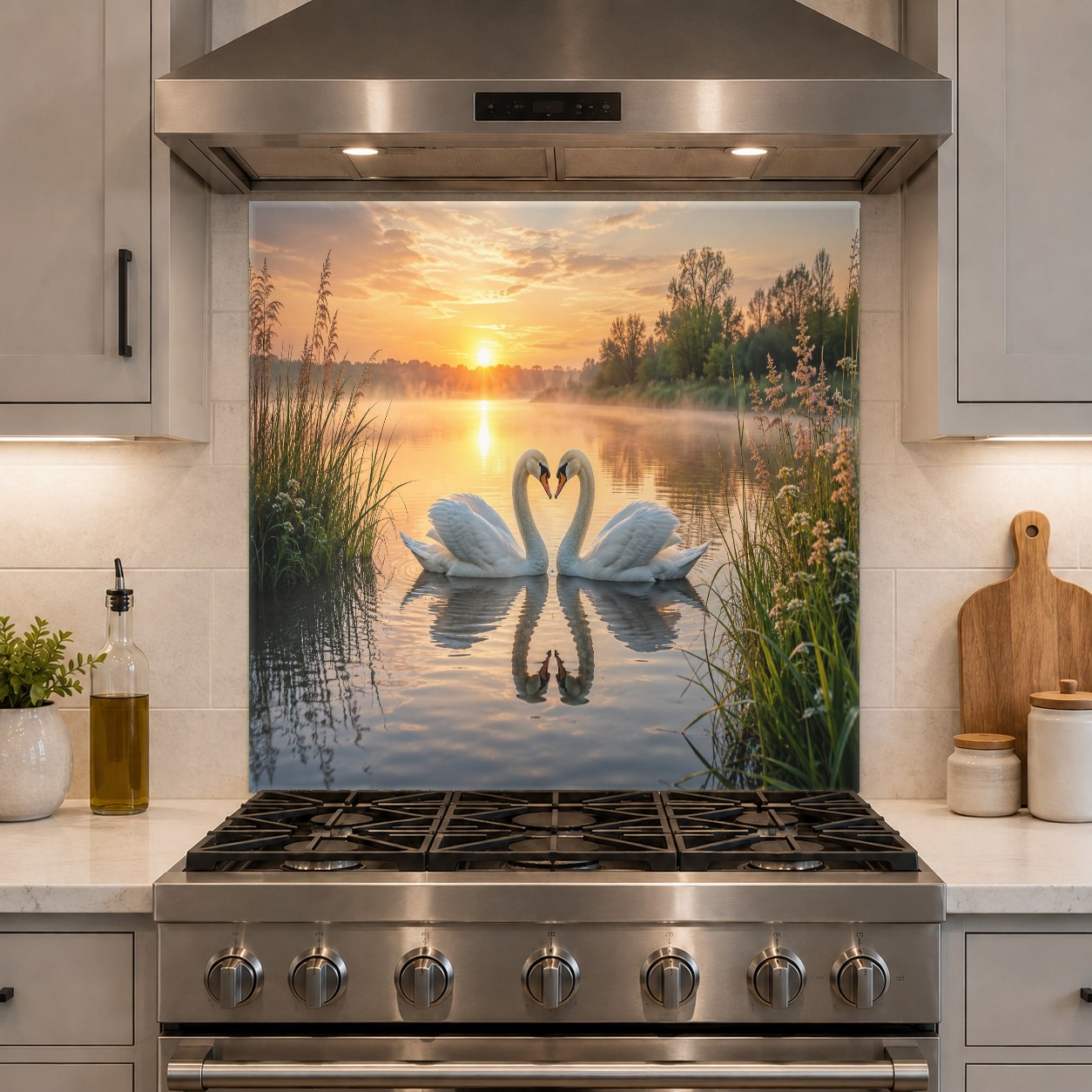 Tranquil Love Lake tempered glass backsplash panel in a modern apartment kitchen bar area.