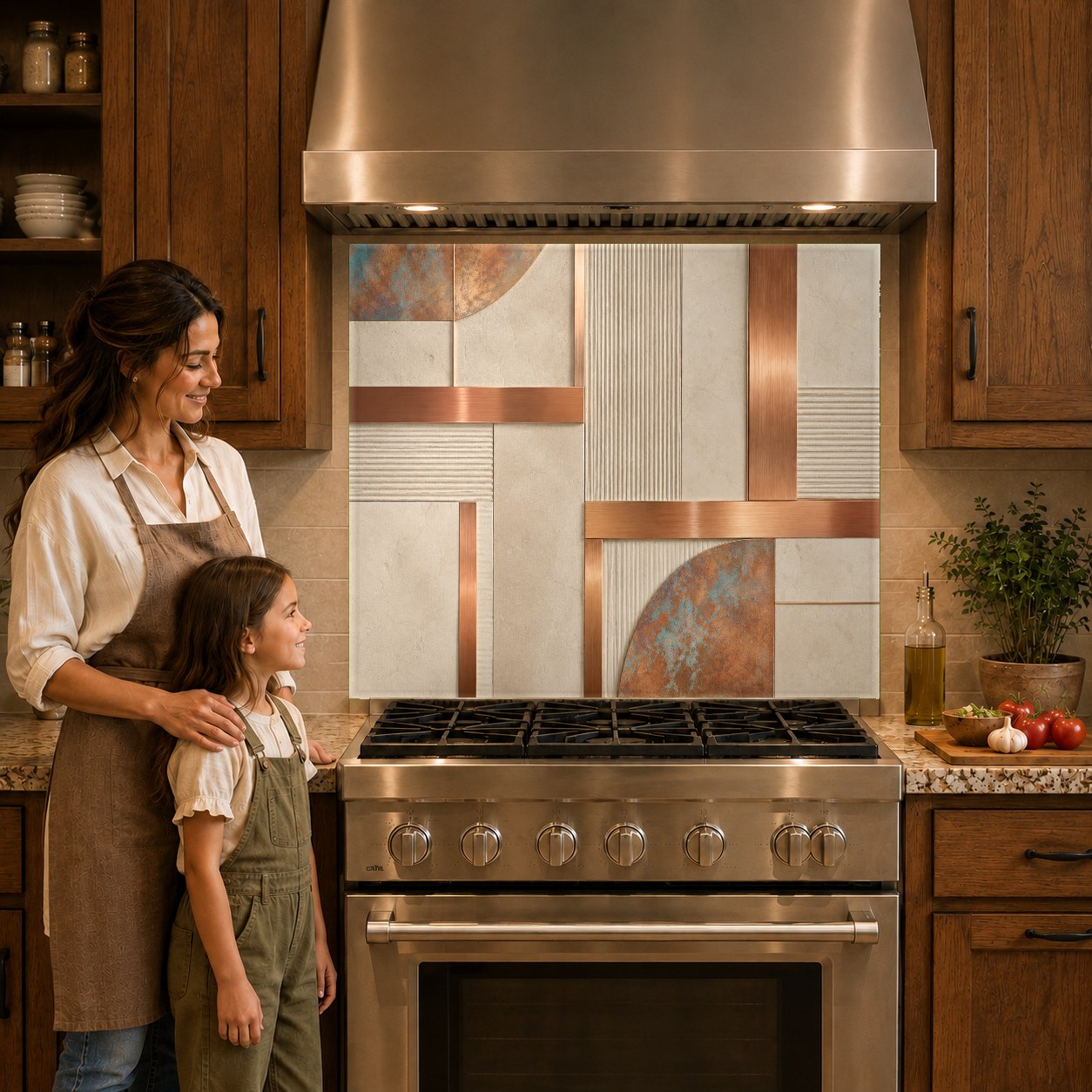Metallic copper glass backsplash panel protecting the wall behind an induction cooktop.