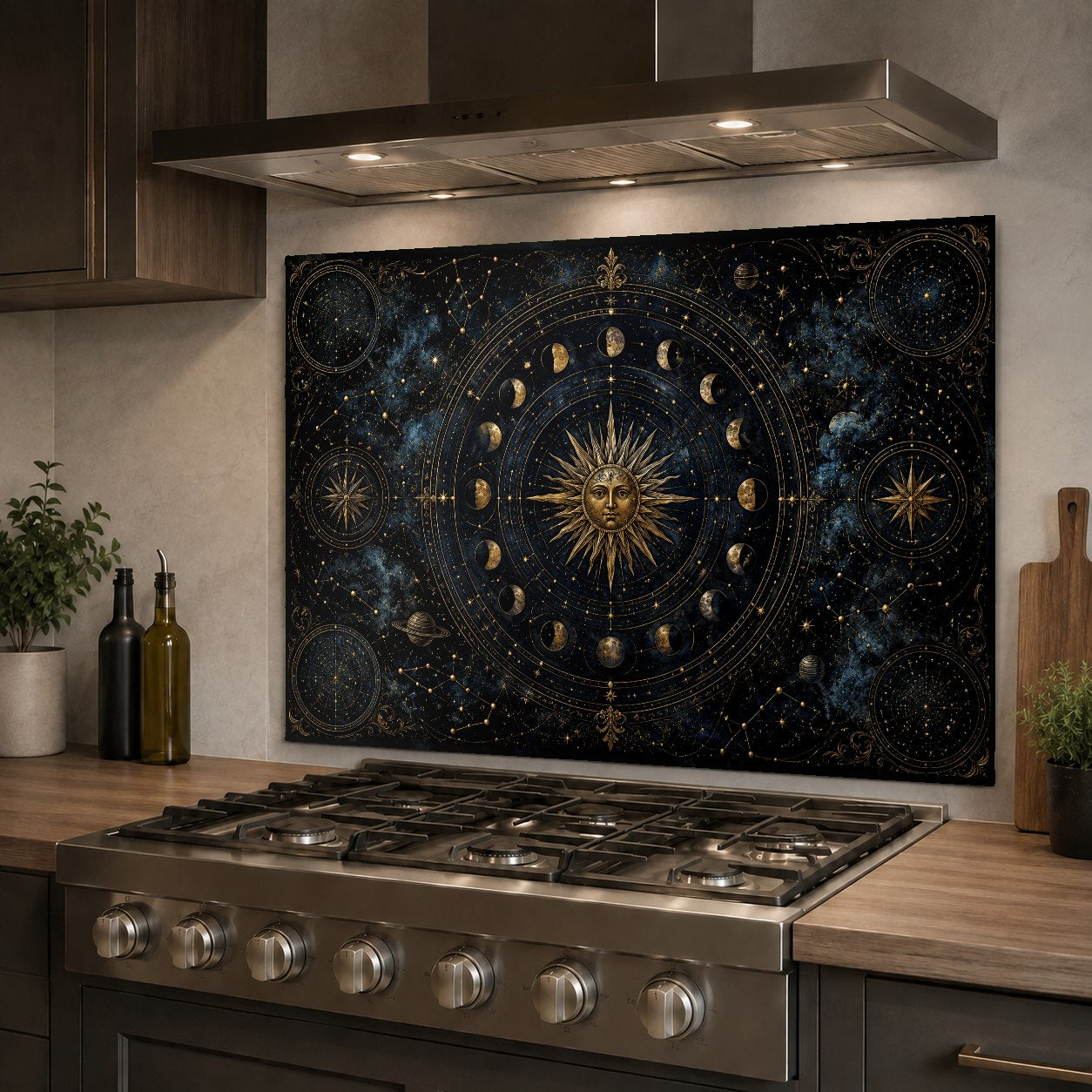 Luxury cosmic design glass backsplash protecting a kitchen sink wall