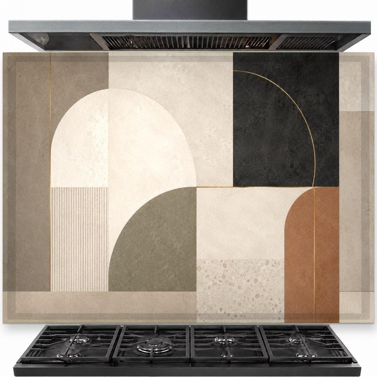 Urban Geometry tempered glass backsplash installed securely behind a stainless steel stove