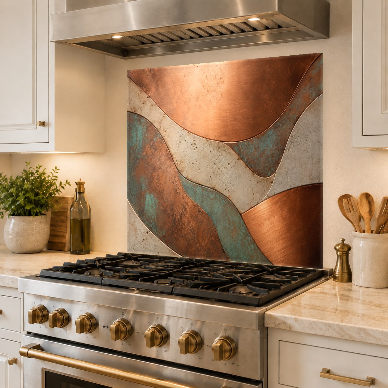 Seamless copper look glass backsplash installed as a durable stove splash guard in a modern home bar.