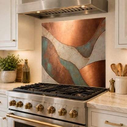 Seamless copper look glass backsplash installed as a durable stove splash guard in a modern home bar.
