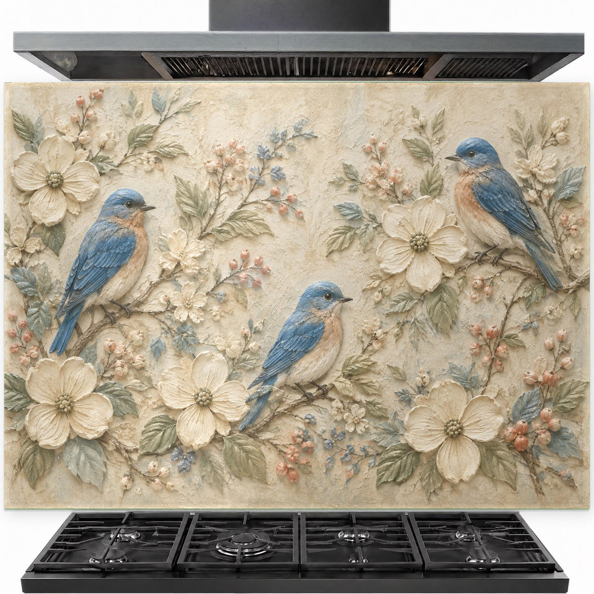 Blue bird tempered glass backsplash installed behind a modern stainless steel stove