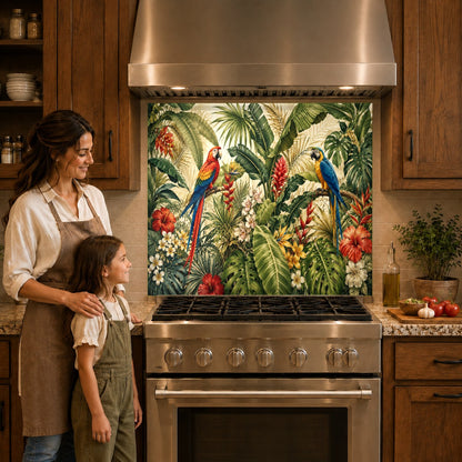 Vibrant jungle bird glass backsplash panel mounted over a kitchen cooktop