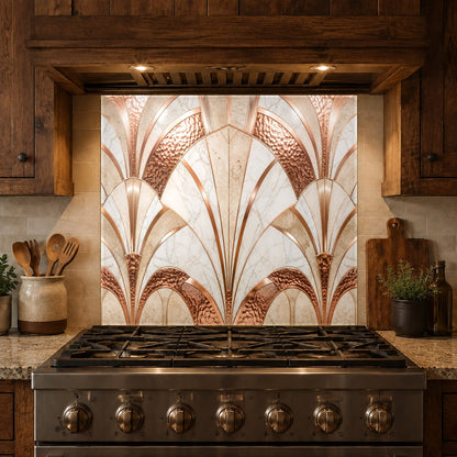 Custom sized artistic copper glass backsplash panel mounted seamlessly on a tiled kitchen wall