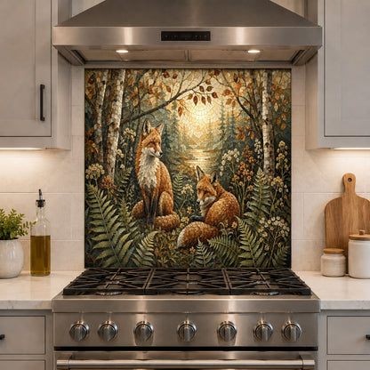 Modern kitchen featuring a forest foxes glass backsplash panel behind a professional range cooktop.