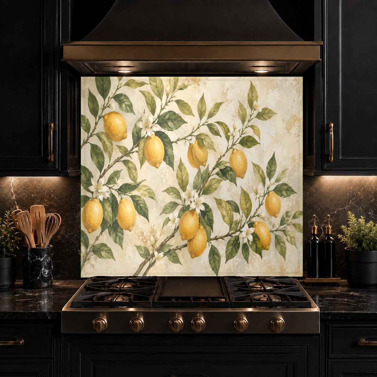 Modern kitchen island wall featuring a decorative citrus pattern tempered glass backsplash panel.