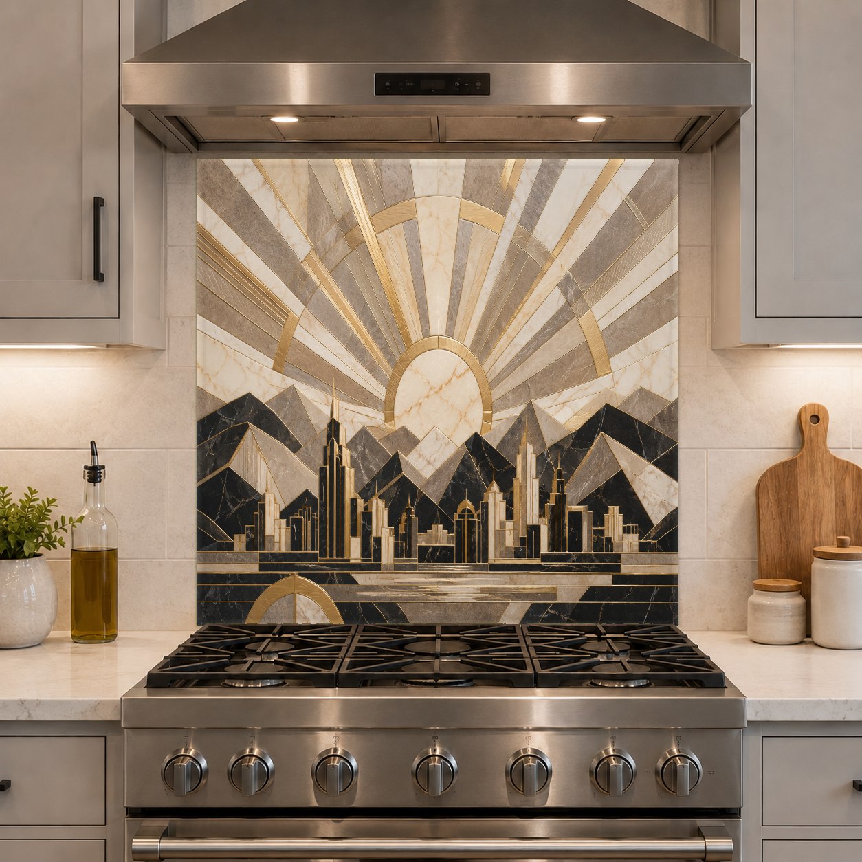 Hygienic and seamless glass kitchen backsplash panel with a stunning Art Deco horizon design behind a cooktop.