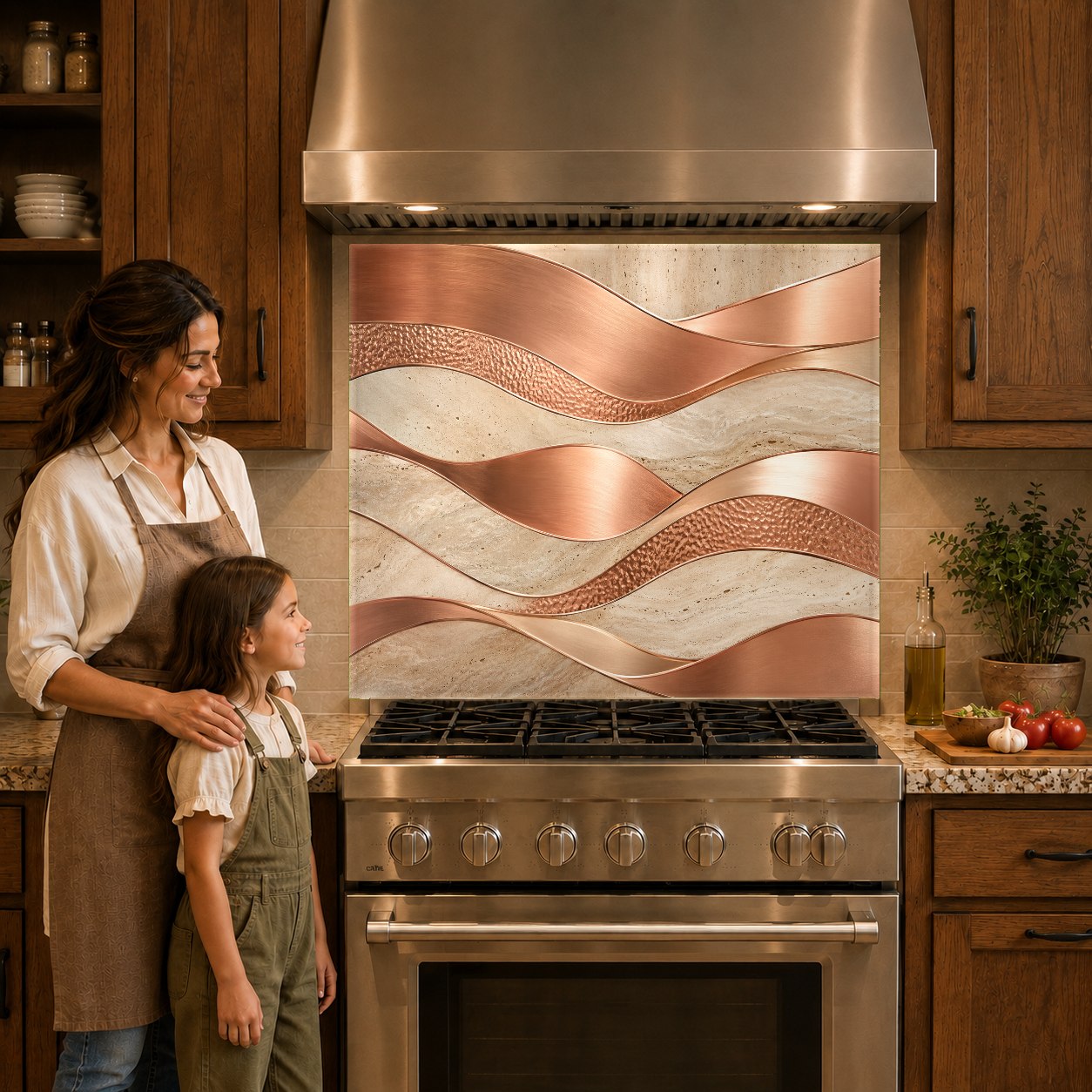 Abstract metallic copper kitchen backsplash panel mounted behind an electric cooktop